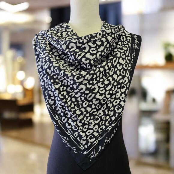 Karl Lagerfeld Black and White Animal Cheetah Print Square Safety Pins Scarf - Picture 2 of 8